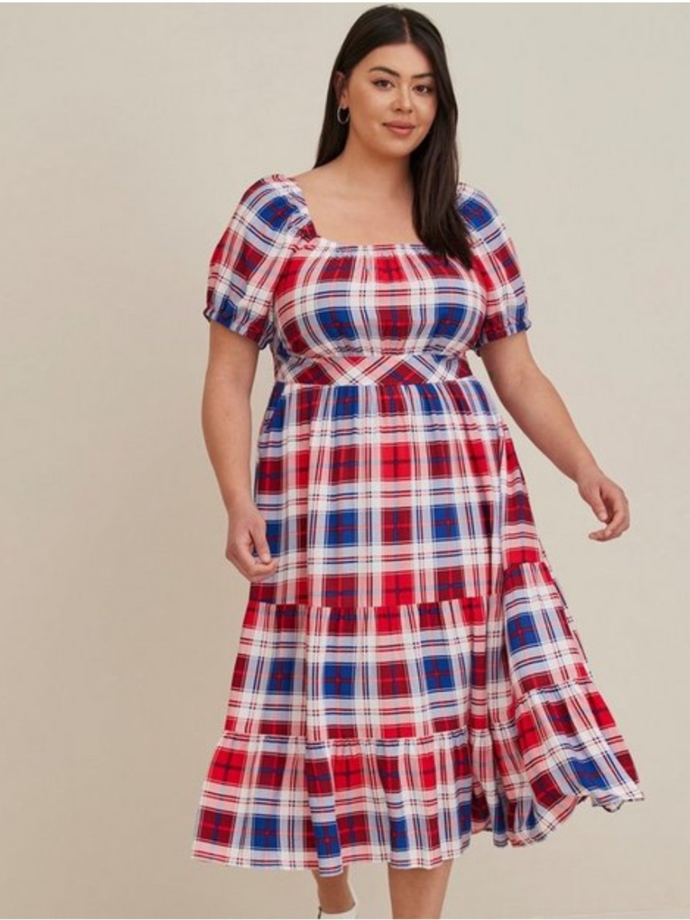 torrid Red, Blue & White Puff Sleeve Tiered Midi Dress